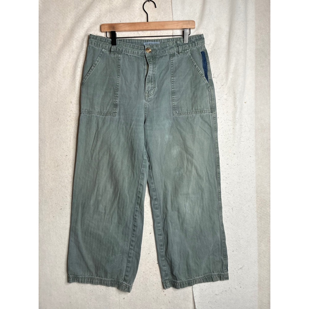 Downeast Herringbone Utility Pants Olive Green Wide Leg Lace Trim Womens XL
